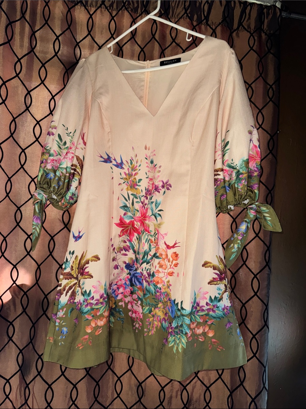 Beulah Cream Floral V-Neck Mini Dress with Olive Hem